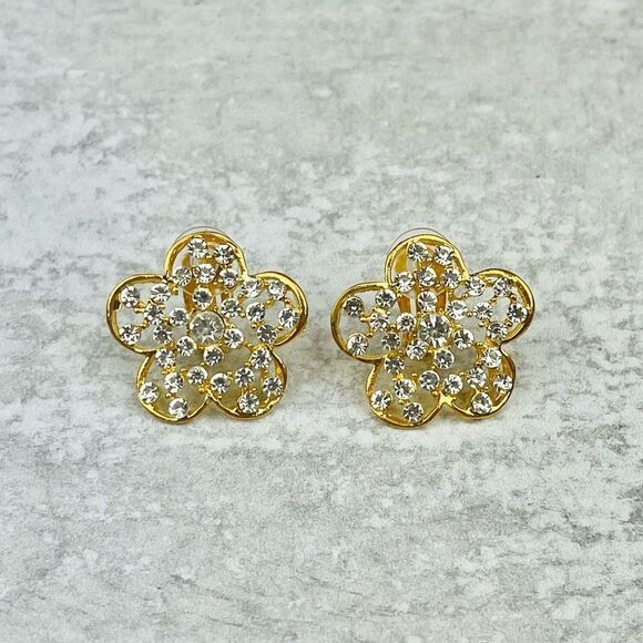 Clip-On Medium sized Gold Flower-Shaped Earrings with Diamond Accents - Picture 2 of 6